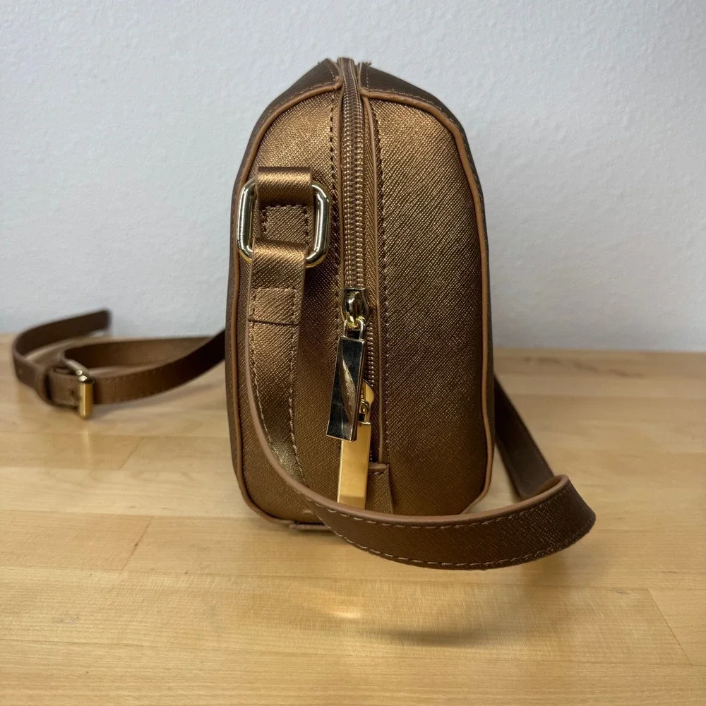 Joy‎ Mangano Bronze Metallic Saffiano Crossbody Bag RFID Organizer Gold Hardware